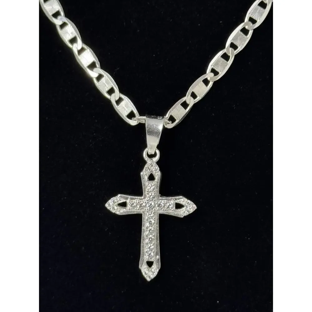 925 Sterling Silver Cross Pendant Necklace 20 Inch Mariner Link Chain Italy